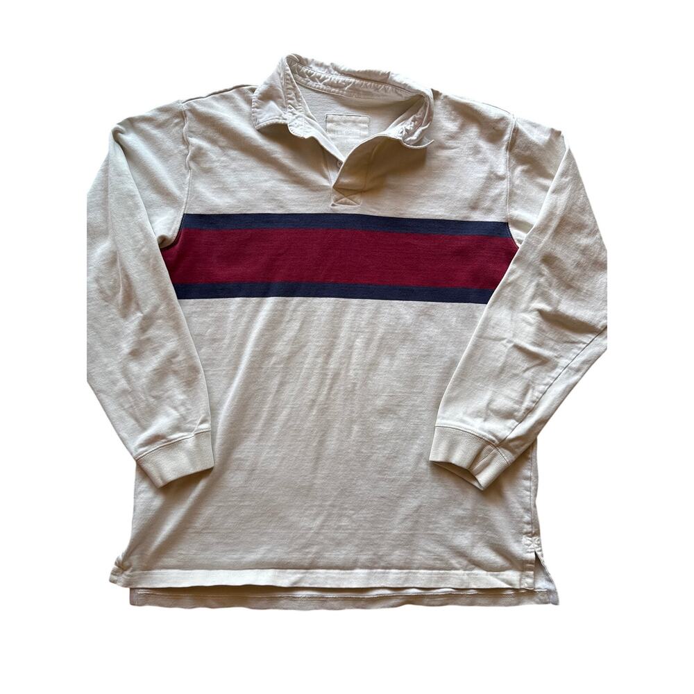 Vtg L.L.Bean White Red Navy Blue Striped L Heavy Cotton Long Sleeve Rugby Shirt